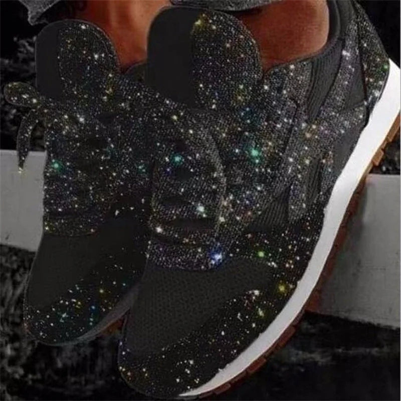 Black Women's Rhinestone Sneakers with Glitter Knit Upper & Cushioned Insole — Cora