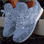 Light Blue Women's Rhinestone Sneakers with Glitter Knit Upper & Cushioned Insole — Cora - Angle View