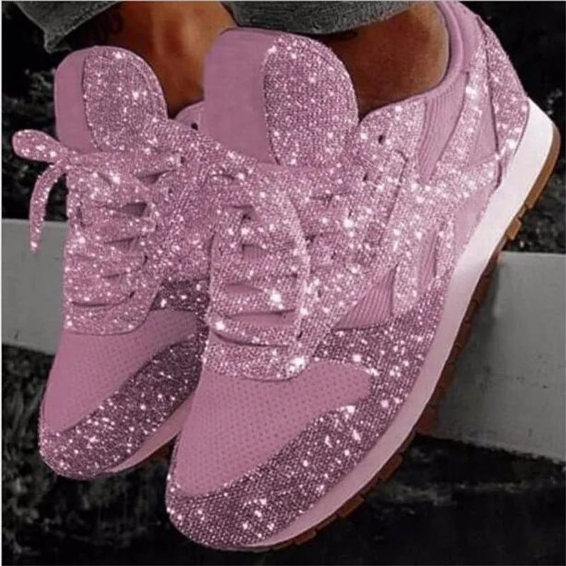 Pink Women's Rhinestone Sneakers with Glitter Knit Upper & Cushioned Insole — Cora - Studio Close Up