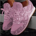 Pink Women's Rhinestone Sneakers with Glitter Knit Upper & Cushioned Insole — Cora