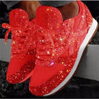 Red Women's Rhinestone Sneakers with Glitter Knit Upper & Cushioned Insole — Cora