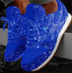 Royal Blue Women's Rhinestone Sneakers with Glitter Knit Upper & Cushioned Insole — Cora - Worn Lifestyle