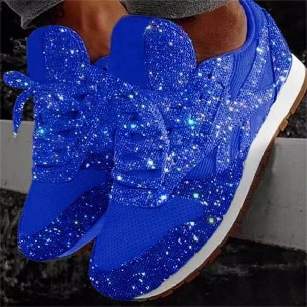 Royal Blue Women's Rhinestone Sneakers with Glitter Knit Upper & Cushioned Insole — Cora