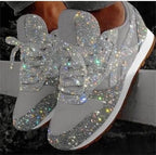 Silver Women's Rhinestone Sneakers with Glitter Knit Upper & Cushioned Insole — Cora - Side Pose