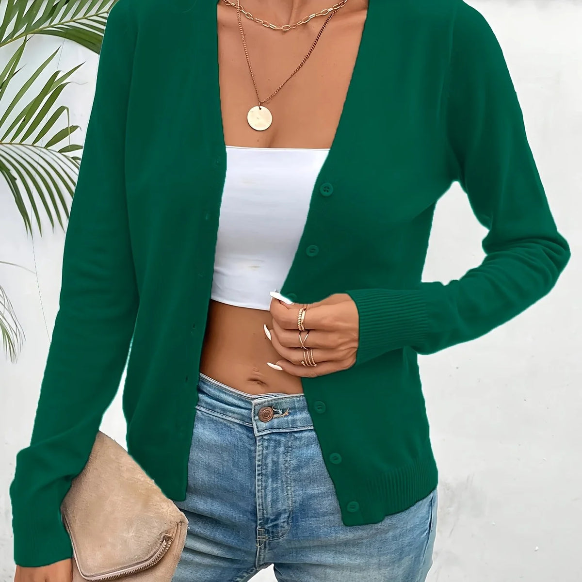 Deep Green Women's Tailored Ribbed Cardigan with V-Neck Button-Front