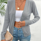 Grey Women's Tailored Ribbed Cardigan with V-Neck Button-Front