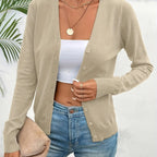 Khaki Women's Tailored Ribbed Cardigan with V-Neck Button-Front