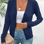 Navy Women's Tailored Ribbed Cardigan with V-Neck Button-Front