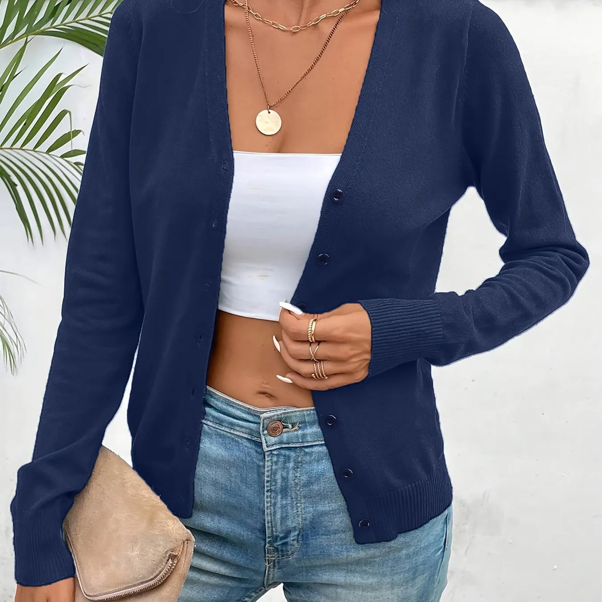 Navy Women's Tailored Ribbed Cardigan with V-Neck Button-Front