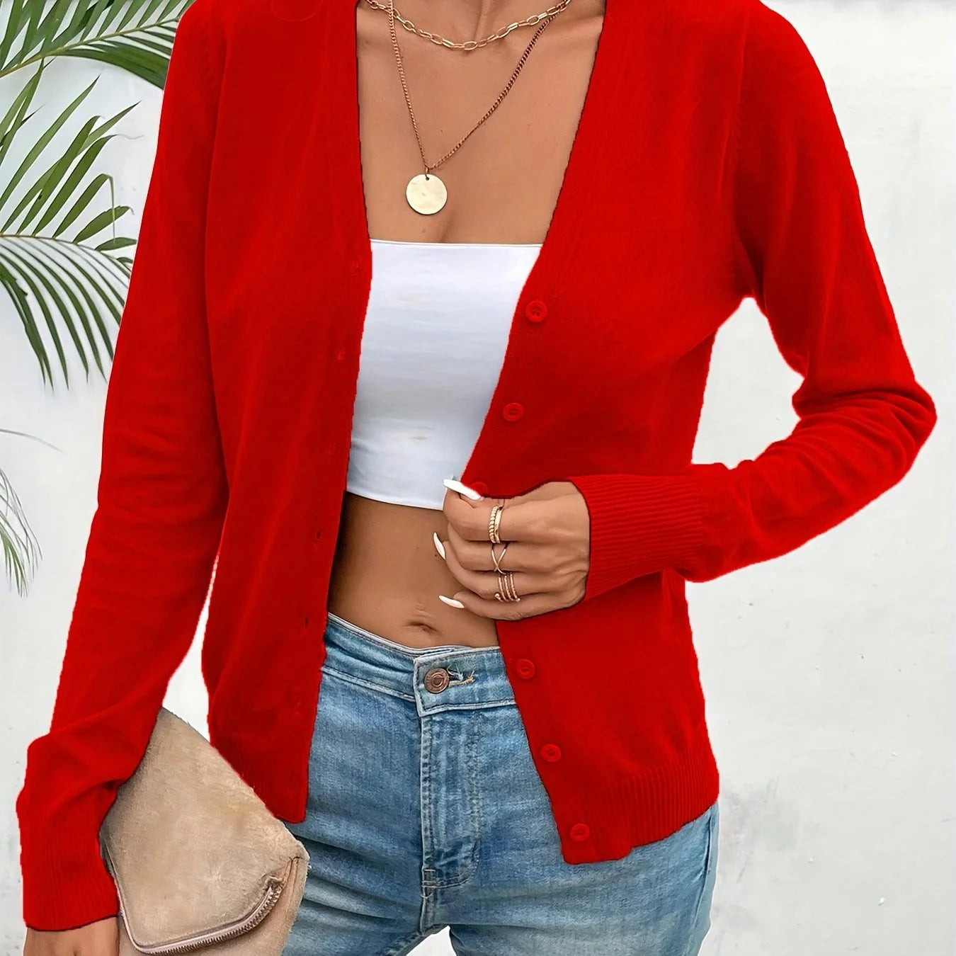 Red Women's Tailored Ribbed Cardigan with V-Neck Button-Front