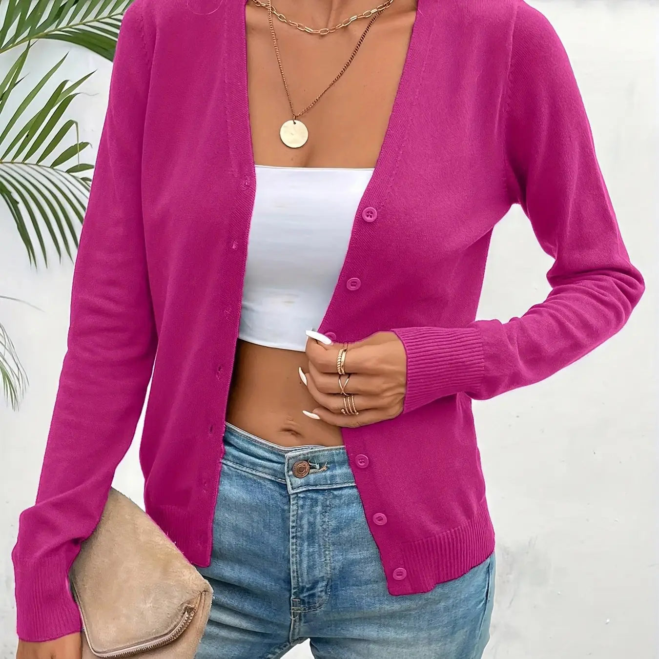 Rose Red Women's Tailored Ribbed Cardigan with V-Neck Button-Front