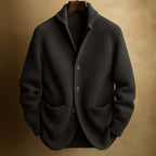 Men's Ribbed Knit Blazer Cardigan with Notched Lapel & Button-Front Closure - Front Collar Detail