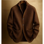 Brown Men's Ribbed Knit Blazer Cardigan with Notched Lapel & Button-Front Closure