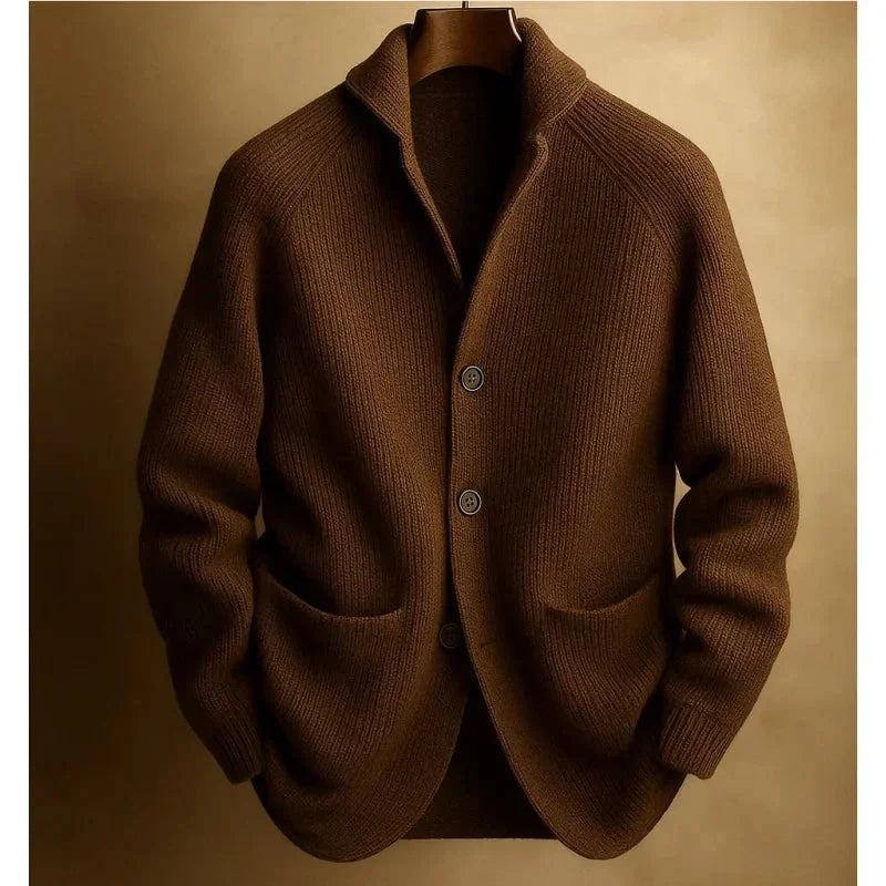 Brown Men's Ribbed Knit Blazer Cardigan with Notched Lapel & Button-Front Closure