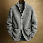 Gray Men's Ribbed Knit Blazer Cardigan with Notched Lapel & Button-Front Closure