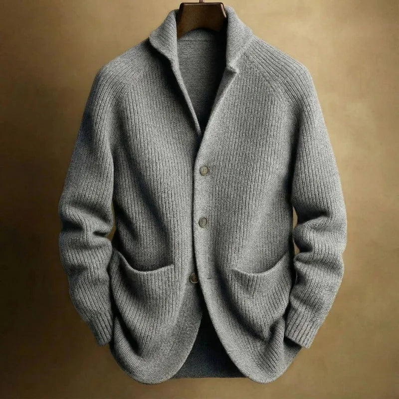 Gray Men's Ribbed Knit Blazer Cardigan with Notched Lapel & Button-Front Closure