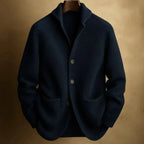 Black Men's Ribbed Knit Blazer Cardigan with Notched Lapel & Button-Front Closure