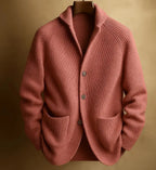 Red Men's Ribbed Knit Blazer Cardigan with Notched Lapel & Button-Front Closure