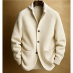 White Men's Ribbed Knit Blazer Cardigan with Notched Lapel & Button-Front Closure
