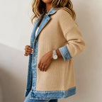 Black Women's Ribbed Knit Coat with Denim Trim & Button-Front Closure
