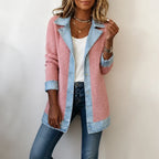Khaki Women's Ribbed Knit Coat with Denim Trim & Button-Front Closure