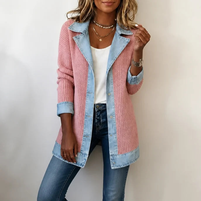 Khaki Women's Ribbed Knit Coat with Denim Trim & Button-Front Closure