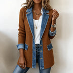 Navy Women's Ribbed Knit Coat with Denim Trim & Button-Front Closure