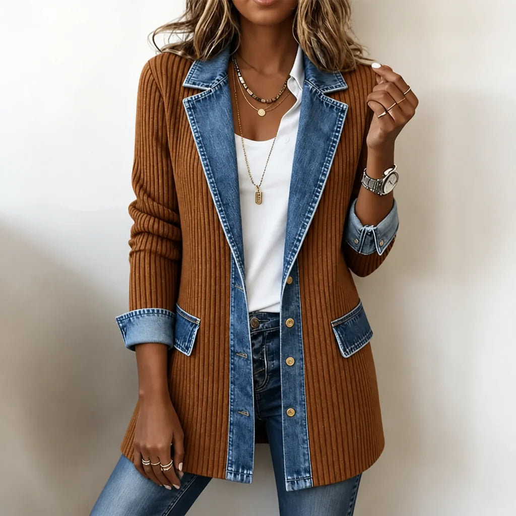 Navy Women's Ribbed Knit Coat with Denim Trim & Button-Front Closure