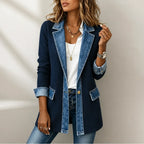 Pink Women's Ribbed Knit Coat with Denim Trim & Button-Front Closure