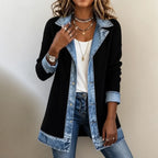 Red Women's Ribbed Knit Coat with Denim Trim & Button-Front Closure