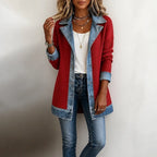 White Women's Ribbed Knit Coat with Denim Trim & Button-Front Closure - Boutique Fitting