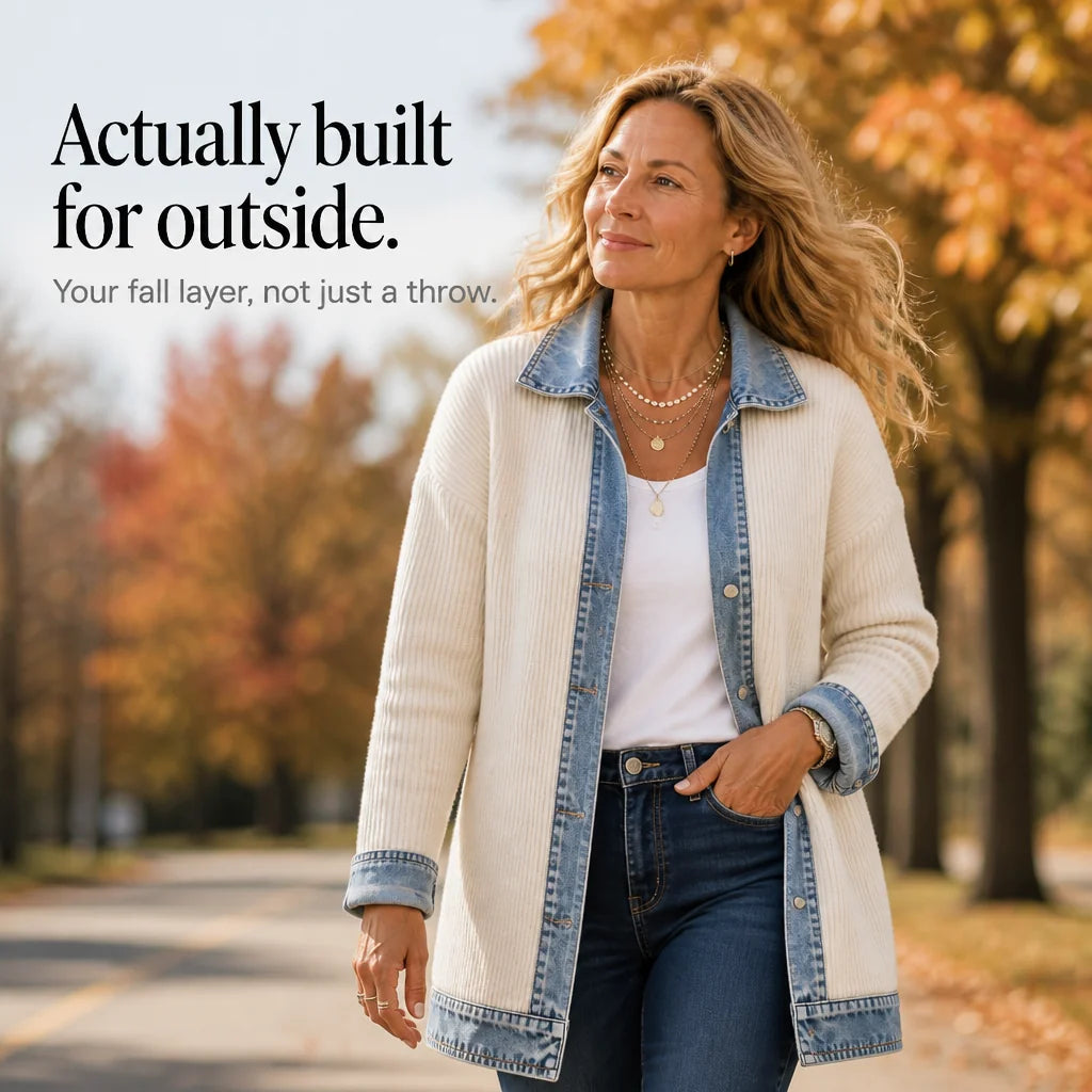 White Women's Ribbed Knit Coat with Denim Trim & Button-Front Closure — Cassidy - Cafe Seated