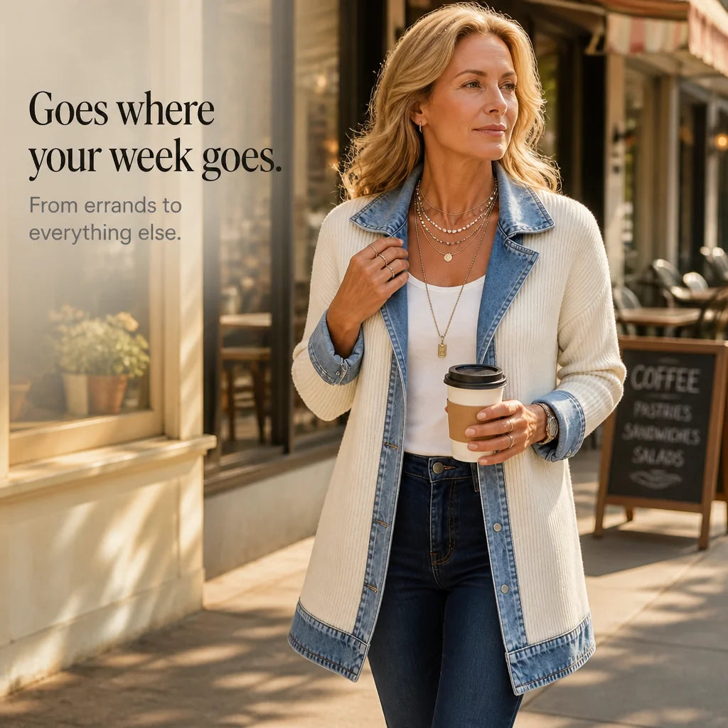 White Women's Ribbed Knit Coat with Denim Trim & Button-Front Closure — Cassidy - Feature Callout