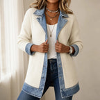 White Women's Ribbed Knit Coat with Denim Trim & Button-Front Closure — Cassidy - Front Full