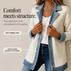 White Women's Ribbed Knit Coat with Denim Trim & Button-Front Closure — Cassidy - Seam Close Up