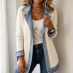 White Women's Ribbed Knit Coat with Denim Trim & Button-Front Closure — Cassidy