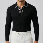 Men's Ribbed Knit Polo Shirt with Contrast Collar & Stretch Fit - Studio Front Bust