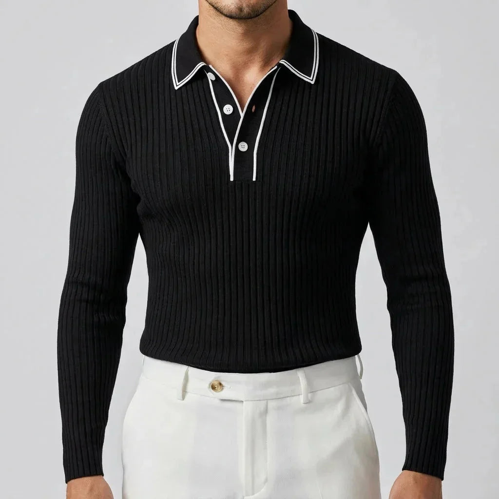 Men's Ribbed Knit Polo Shirt with Contrast Collar & Stretch Fit - Studio Front Bust