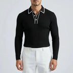 Black Men's Ribbed Knit Polo Shirt with Contrast Collar & Stretch Fit