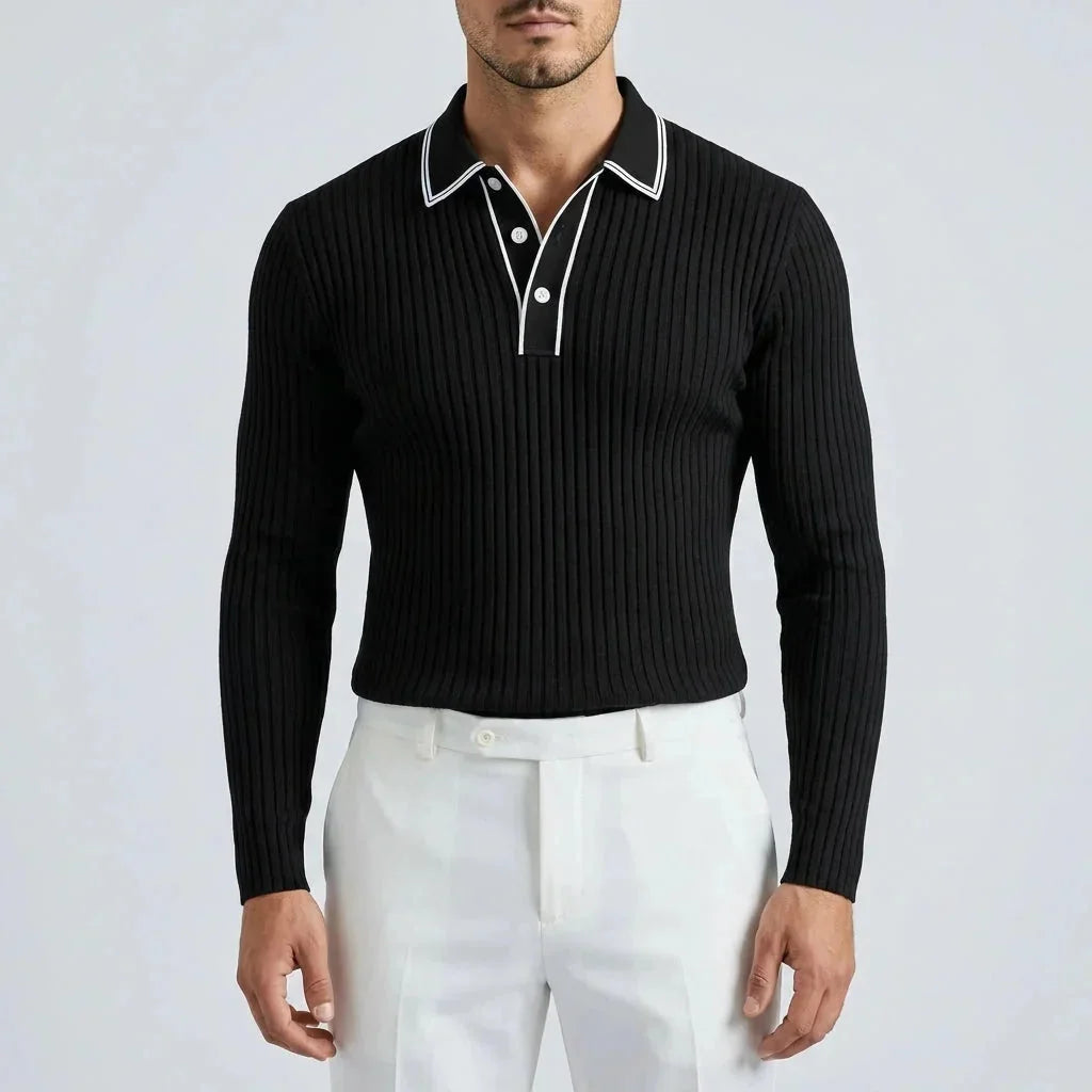 Black Men's Ribbed Knit Polo Shirt with Contrast Collar & Stretch Fit