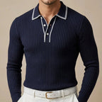 Dark Blue Men's Ribbed Knit Polo Shirt with Contrast Collar & Stretch Fit - Studio Belt Pose