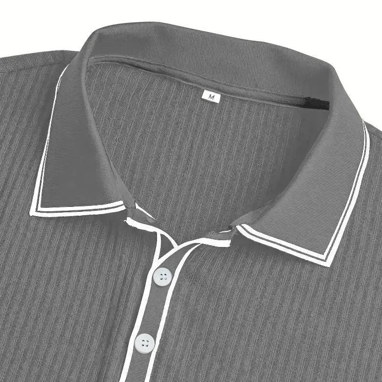 Men's Ribbed Knit Polo Shirt with Contrast Collar & Stretch Fit - Flat Collar