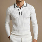 White Men's Ribbed Knit Polo Shirt with Contrast Collar & Stretch Fit