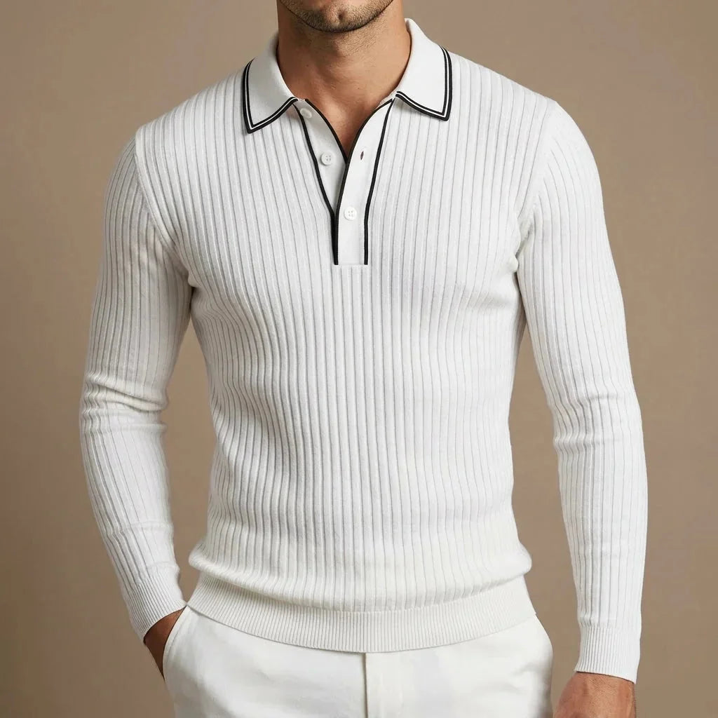 White Men's Ribbed Knit Polo Shirt with Contrast Collar & Stretch Fit