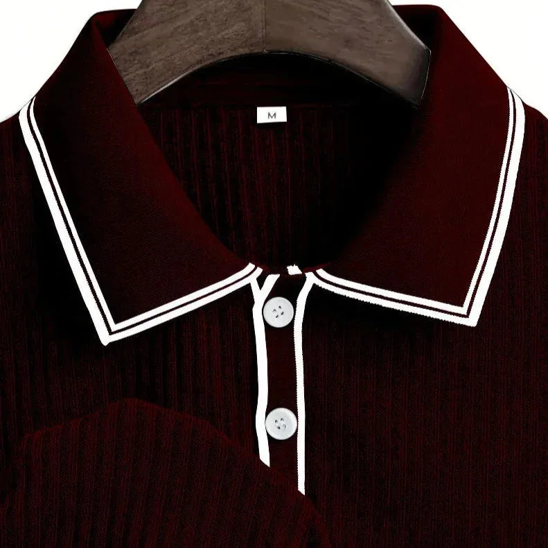 Men's Ribbed Knit Polo Shirt with Contrast Collar & Stretch Fit - Hanger Collar Closeup