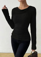 Women's Rib Knit Top with Cowl Neckline & Ruched Waist - Hand Raised