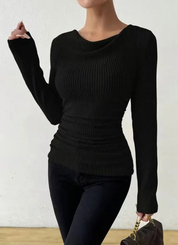 Women's Rib Knit Top with Cowl Neckline & Ruched Waist - Hand Raised