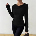 Black Women's Rib Knit Top with Cowl Neckline & Ruched Waist