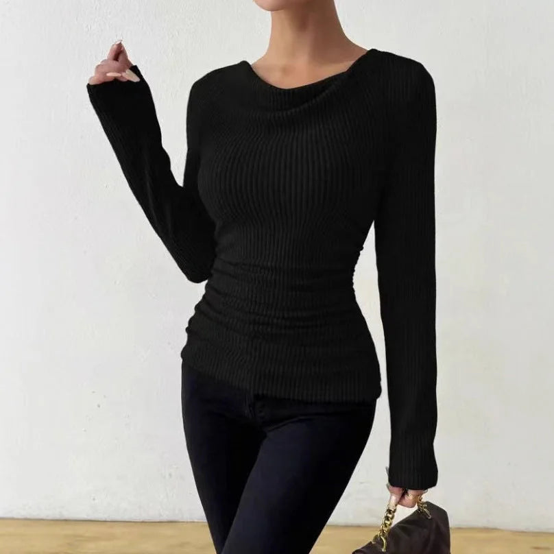 Black Women's Rib Knit Top with Cowl Neckline & Ruched Waist