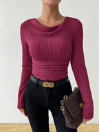 Fuchsia Women's Rib Knit Top with Cowl Neckline & Ruched Waist